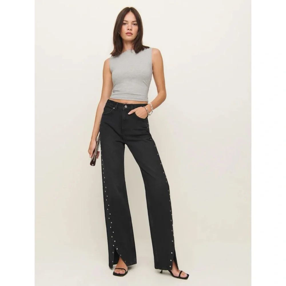 Reformation Cary Studded High-Rise Slouchy Straight-Leg Jeans Vana Black - Picture 12 of 14